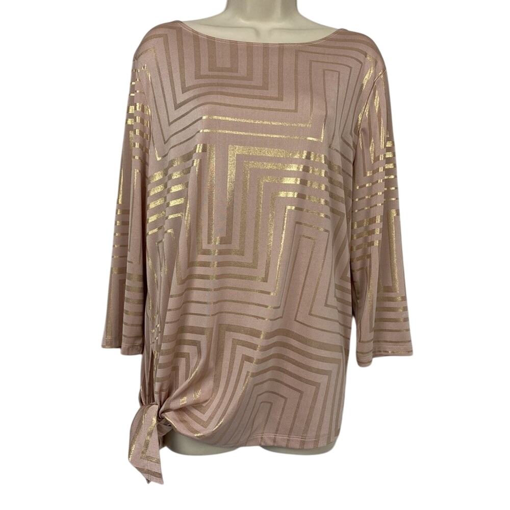 Chicos Travelers Tunic Top Size‎ 2 Geometric Metallic Asymmetric Rose Gold Large
